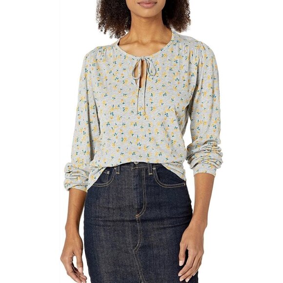 Lucky Brand Gray Peasant Yellow Floral Boho Long Sleeve Blouse M - Picture 1 of 7